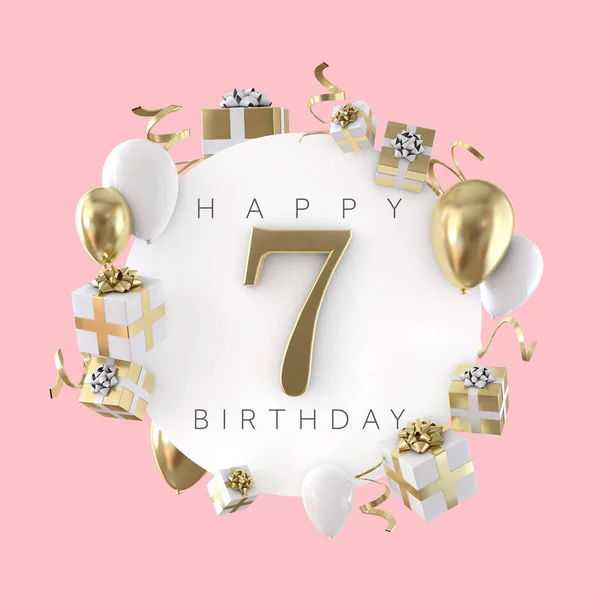 Ευτυχισμένος 7η γενέθλια κόμμα σύνθεση με μπαλόνια και δώρα. 3D καθιστούν — Φωτογραφία Αρχείου