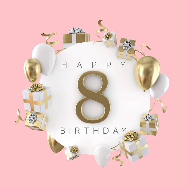 Feliz 8th composição festa de aniversário com balões e presentes. Renderização 3D — Fotografia de Stock