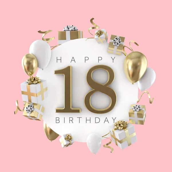 Glad 18: e födelsedag part sammansättning med ballonger och presenter. 3D render — Stockfoto