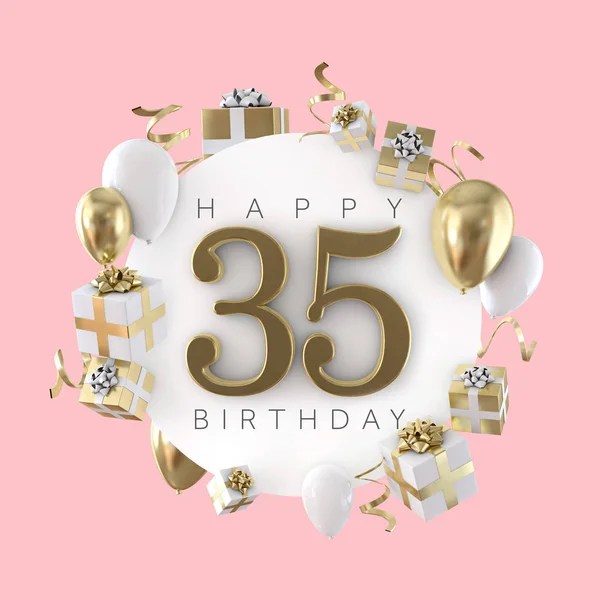 Ευτυχισμένος 35η γενέθλια κόμμα σύνθεση με μπαλόνια και δώρα. 3D καθιστούν — Φωτογραφία Αρχείου