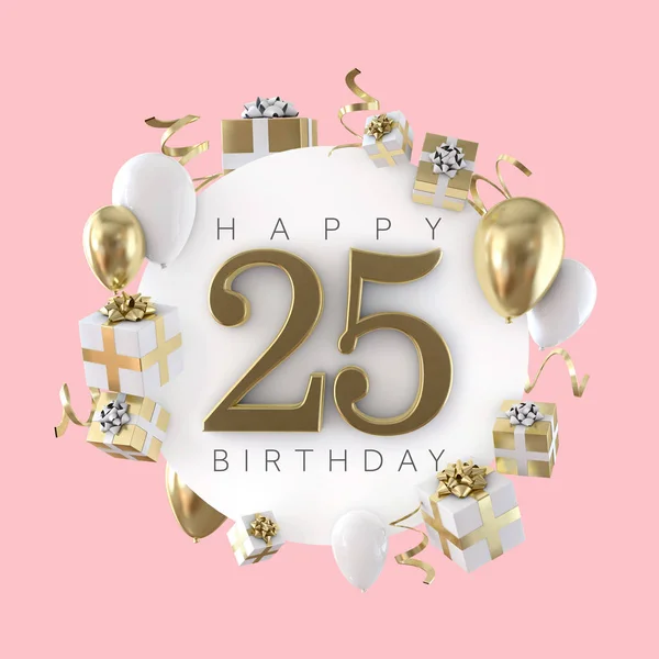 Ευτυχισμένος 25α γενέθλια κόμμα σύνθεση με μπαλόνια και δώρα. 3D καθιστούν — Φωτογραφία Αρχείου