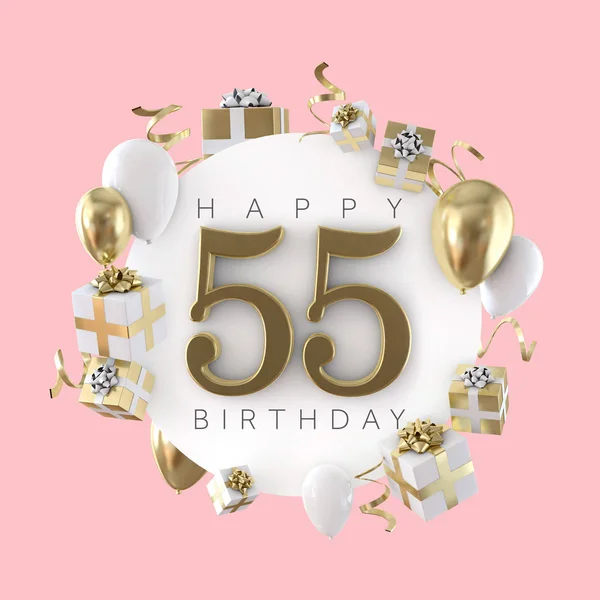 Glückwunsch zum 55. Geburtstag mit Luftballons und Geschenken. 3D-Darstellung — Stockfoto