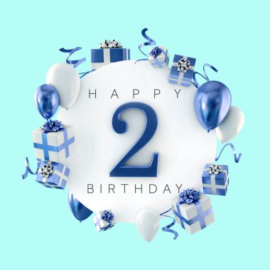 Mutlu 2nd birthday Parti balonları ve hediyeler ile kompozisyon. 3D render