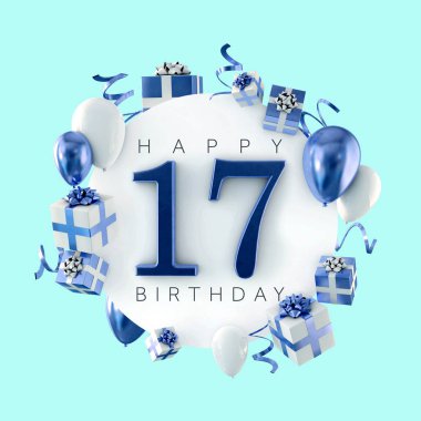 17 doğum günü partisi kompozisyon balonlar ve hediye ile mutlu. 3D render
