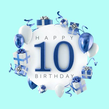 10 doğum günü partisi kompozisyon balonlar ve hediye ile mutlu. 3D render