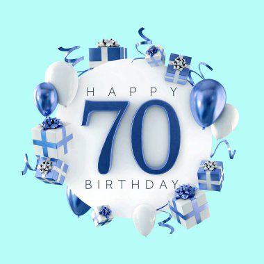70 doğum günü partisi kompozisyon balonlar ve hediye ile mutlu. 3D render