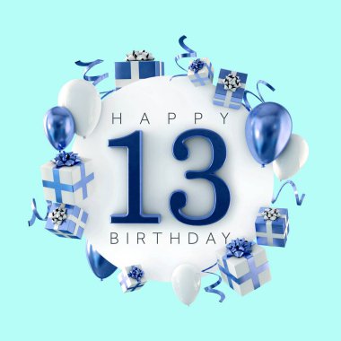 13. doğum Parti balonları ve hediyeler ile kompozisyon mutlu. 3D render