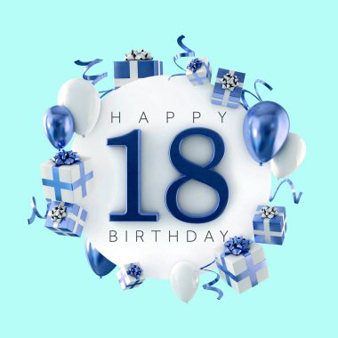 18 doğum günü parti kompozisyon balonlar ve hediye ile mutlu. 3D render