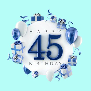 45 doğum günü partisi kompozisyon balonlar ve hediye ile mutlu. 3D render