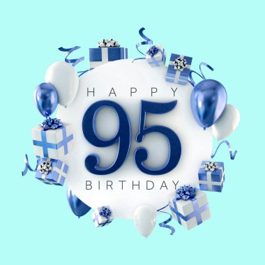 95 doğum günü partisi kompozisyon balonlar ve hediye ile mutlu. 3D render