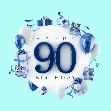 90'ıncı doğum günü partisi kompozisyon balonlar ve hediye ile mutlu. 3D render