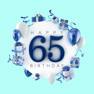 65 doğum günü partisi kompozisyon balonlar ve hediye ile mutlu. 3D render