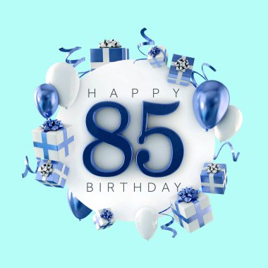 85 doğum günü partisi kompozisyon balonlar ve hediye ile mutlu. 3D render