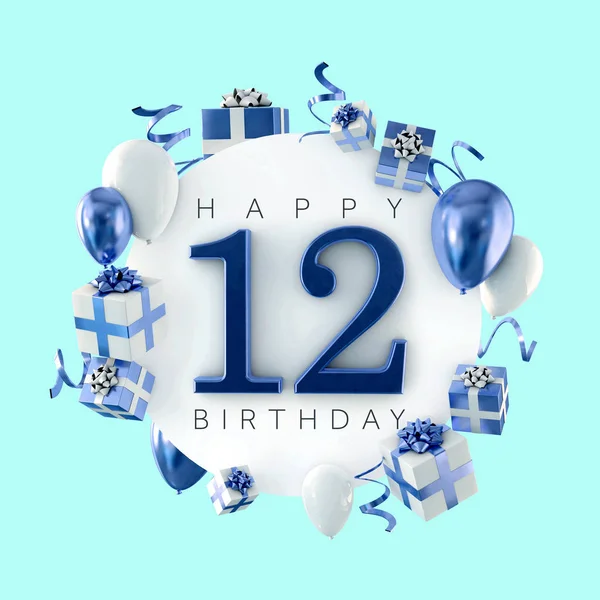 Happy 12th birthday party composition with balloons and presents. 3D Render — Stock Photo, Image