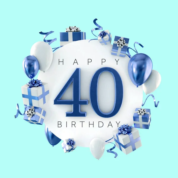Happy 40th birthday party composition with balloons and presents. 3D Render — Stock Photo, Image