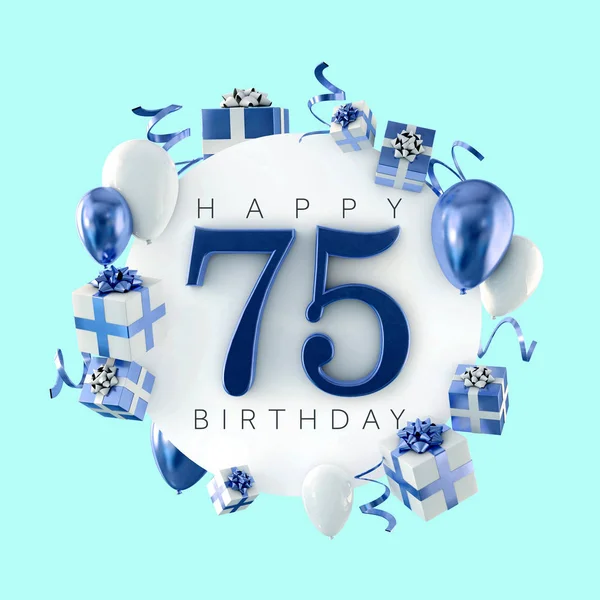 Szczęśliwy 75 urodziny party skład z balonów i prezenty. 3D render — Zdjęcie stockowe