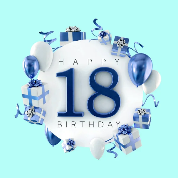 Gelukkig 18e verjaardag partij samenstelling met ballonnen en geschenken. 3D render — Stockfoto