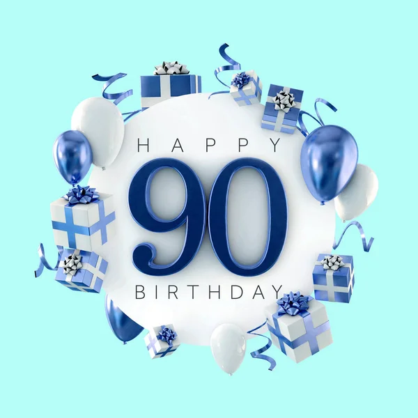 Boldog 90 birthday party zeneszerzést léggömbök és ajándékokat. 3D render — Stock Fotó