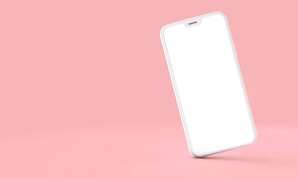 智能手机模型与空白白色屏幕上的粉红色背景。3d 渲染 — 图库照片