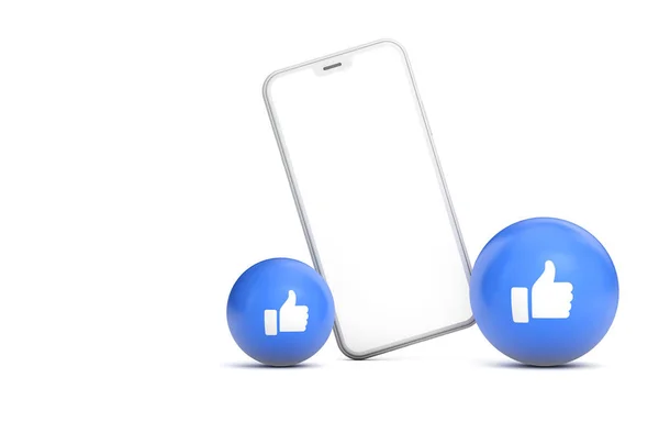 Smartphone-Attrappe mit leerem weißen Bildschirm und hochgereckten Daumen in den sozialen Medien. 3D-Darstellung — Stockfoto