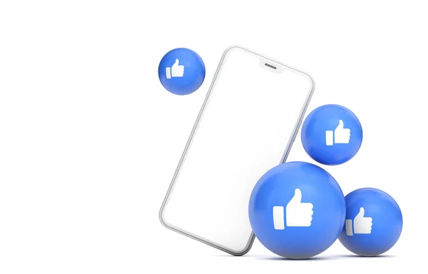 Modèle de smartphone avec écran blanc vierge et les pouces des médias sociaux vers le haut. Expéditeur 3D — Photo