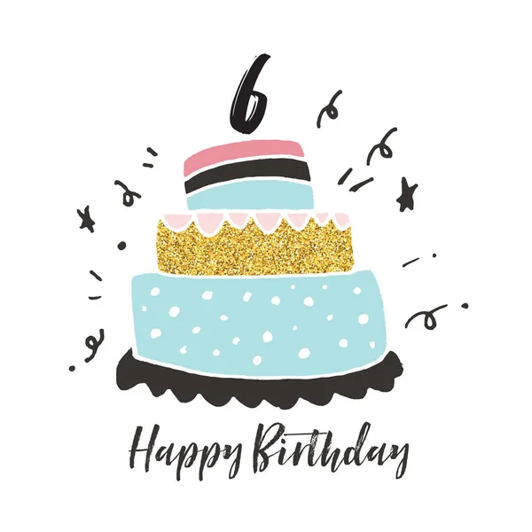 6 день народження намальована листівка на день народження торта — стоковий вектор