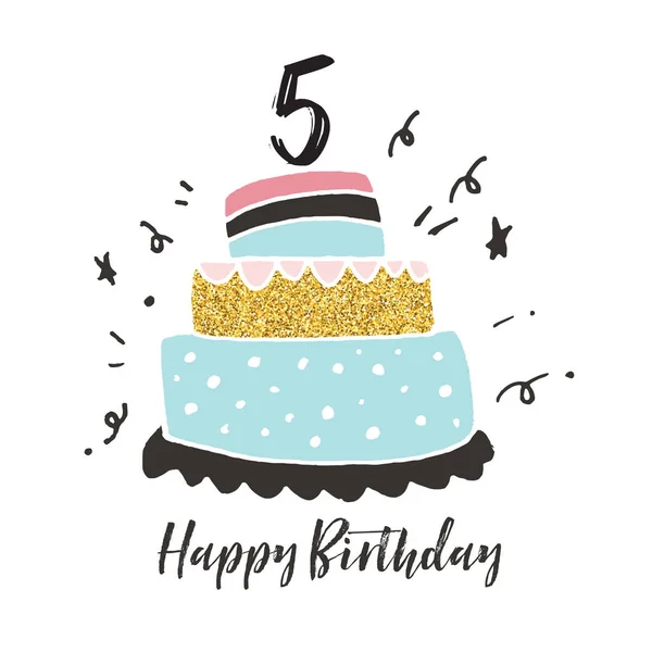 Tarjeta de cumpleaños de pastel dibujado a mano quinto cumpleaños — Vector de stock