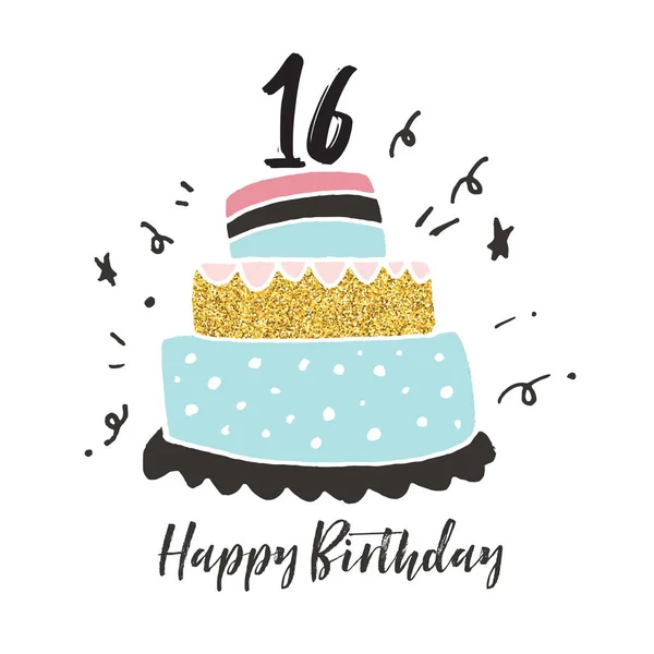 Biglietto di compleanno torta disegnato 16 compleanno — Vettoriale Stock