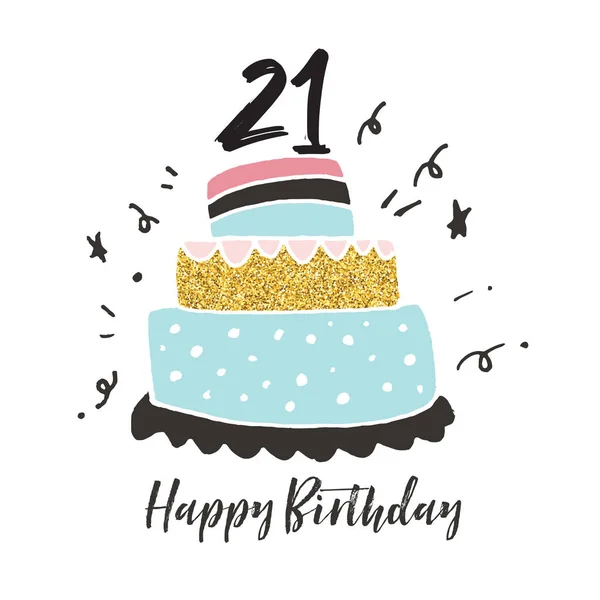 Biglietto di compleanno torta disegnato 21 compleanno — Vettoriale Stock