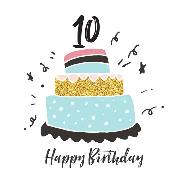 Tarjeta de cumpleaños de pastel dibujado a mano 10 cumpleaños — Vector de stock