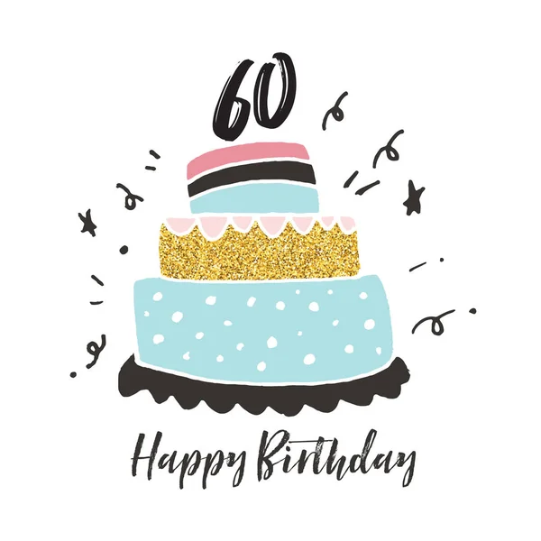 60: e födelsedag hand dras tårta födelsedagskort — Stock vektor