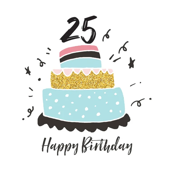 25. Geburtstag handgezeichnete Torte Geburtstagskarte — Stockvektor