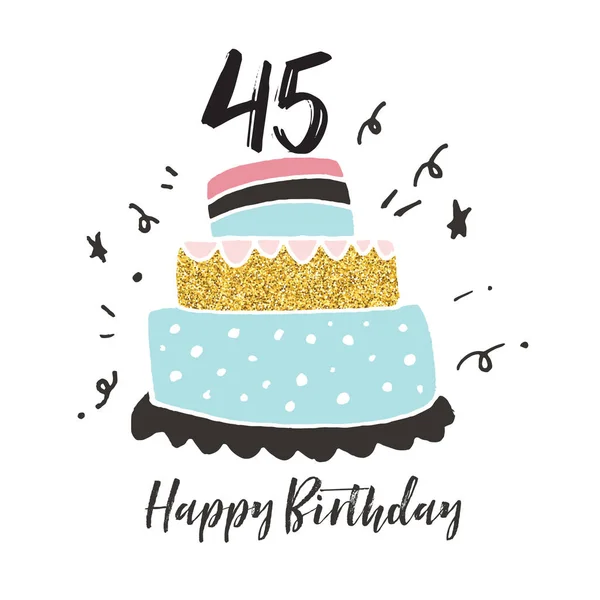 45 aniversário mão desenhada bolo cartão de aniversário — Vetor de Stock