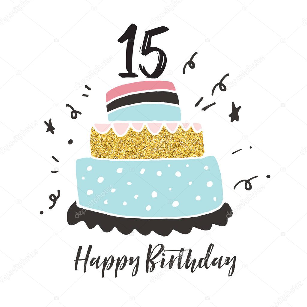 15th birthday hand drawn cake birthday card