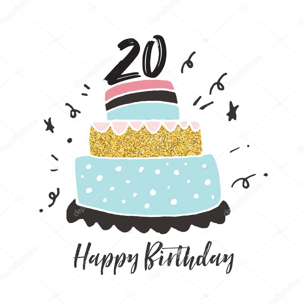 20th birthday hand drawn cake birthday card