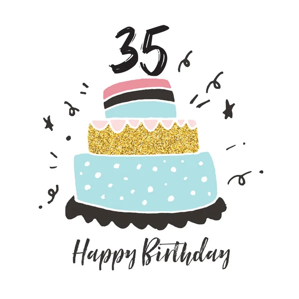 35: e födelsedag hand dras tårta födelsedagskort — Stock vektor
