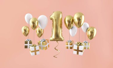 1 numara Doğum günü kutlama altın balon hediyeler ile. 3D render