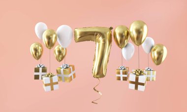 Hediye ile sayı 7 Doğum günü kutlama altın balon. 3D render