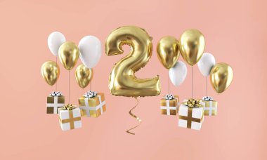 2 numara Doğum günü kutlama altın balon hediyeleri ile. 3D render