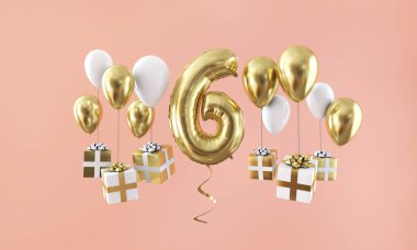 Hediye ile 6 numara Doğum günü kutlama altın balon. 3D render