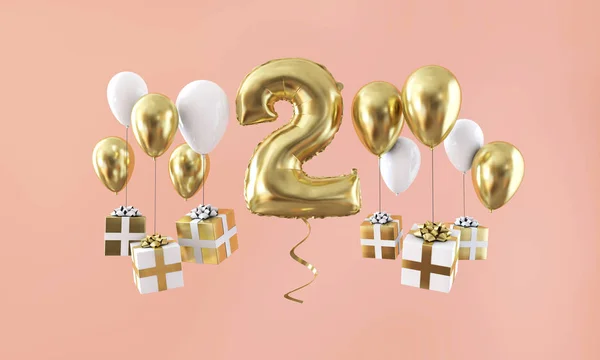 Nummer 2 Geburtstagsfeier Goldballon mit Geschenken. 3D-Darstellung — Stockfoto