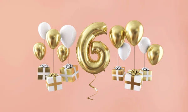 Nummer 6 verjaardag viering goud ballon met cadeautjes. 3D render — Stockfoto