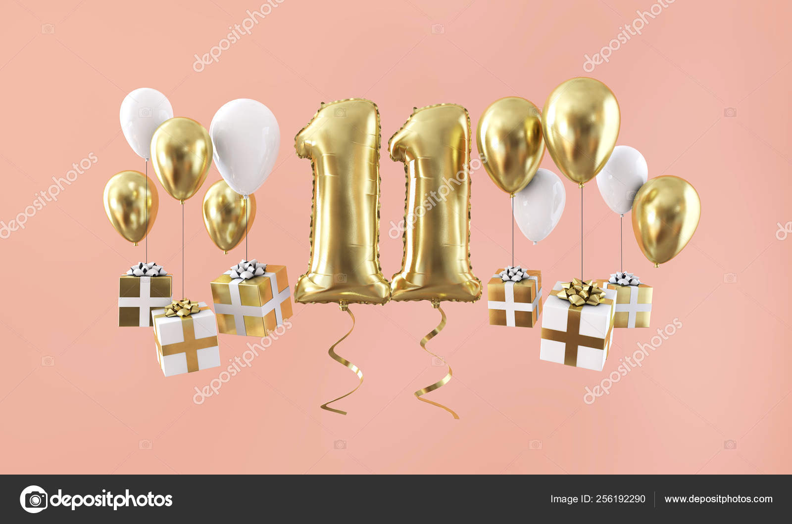 Number 11 birthday celebration gold balloon with presents. 3D Render Stock  Photo by ©InkDropCreative 256192290