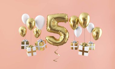 Hediye ile numara 5 Doğum günü kutlama altın balon. 3D render
