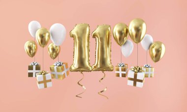 Sayı 11 hediye ile Doğum günü kutlama altın balon. 3D render