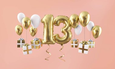 Hediye ile sayı 13 Doğum günü kutlama altın balon. 3D render