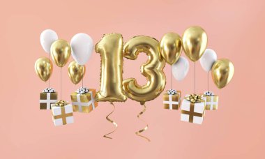 Number 13 birthday celebration gold balloon with presents. 3D Render clipart