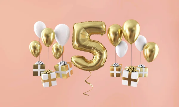Hediye ile numara 5 Doğum günü kutlama altın balon. 3D render — Stok fotoğraf