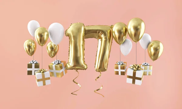 Numer 17 urodziny celebracja złota balon z prezentami. Renderowanie 3D — Zdjęcie stockowe