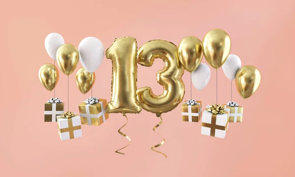 Number 13 birthday celebration gold balloon with presents. 3D Render — Stock Photo, Image
